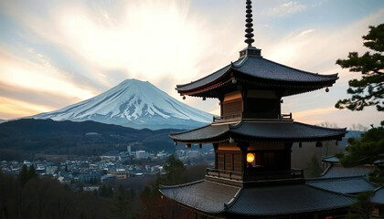 Japanese Pagoda with Mountain View at Sunset.