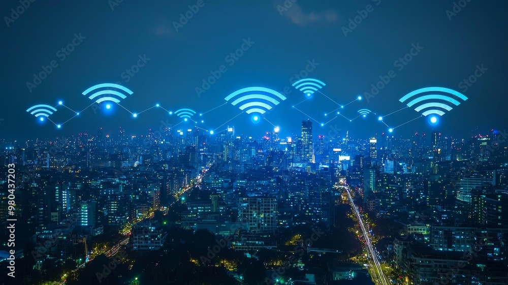 Poster modern city with wireless network connection and city scape conceptwireless network and connection -