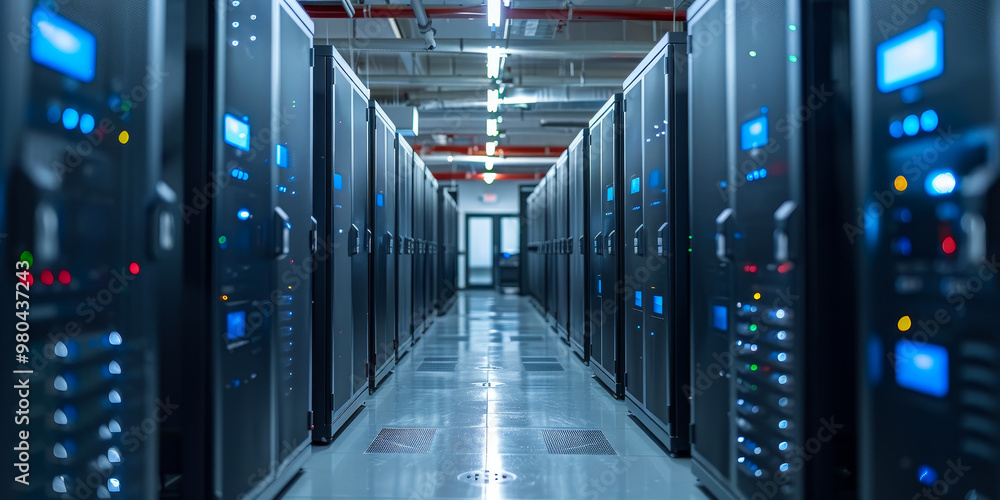 Poster data server cluster room: modern compact data center with cutting-edge network devices and modules