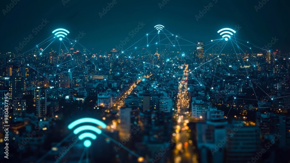 Poster modern city with wireless network connection and city scape conceptwireless network and connection -