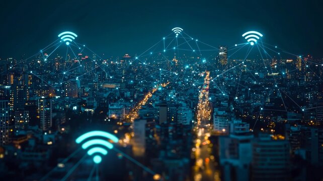 Modern city with wireless network connection and city scape conceptWireless network and Connection - ai