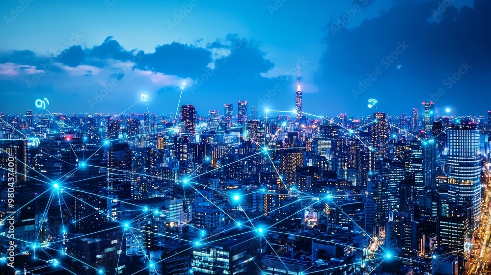 Poster modern city with wireless network connection and city scape conceptwireless network and connection -