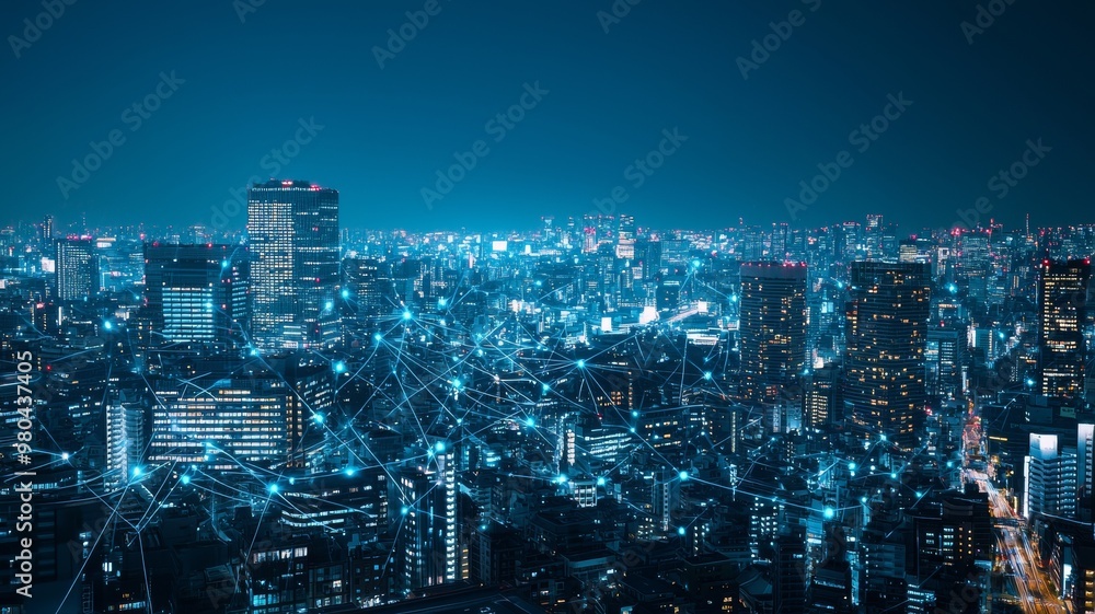 Poster modern city with wireless network connection and city scape conceptwireless network and connection -