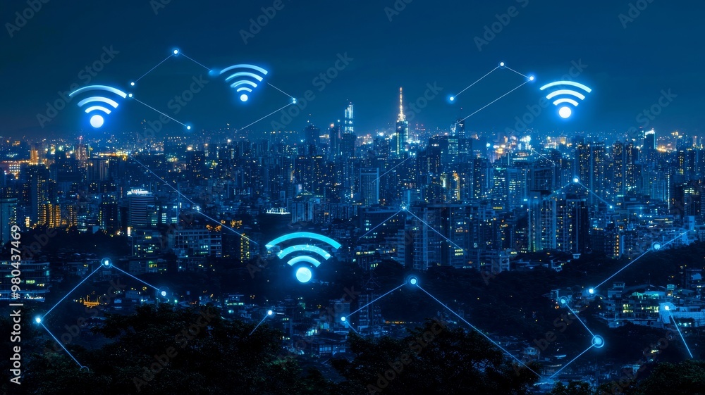 Poster modern city with wireless network connection and city scape conceptwireless network and connection -