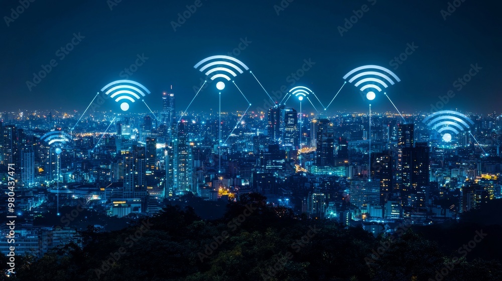 Poster modern city with wireless network connection and city scape conceptwireless network and connection -