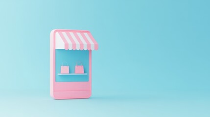 Obraz premium Minimalist 3D illustration of a smartphone with an online store app, set against a pastel blue background. No logo, no people.