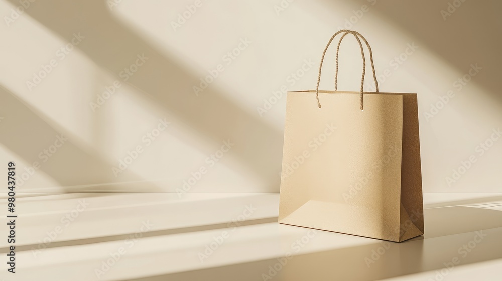 Poster minimalistic paper shopping bag with handles standing upright on a neutral surface with soft shadows