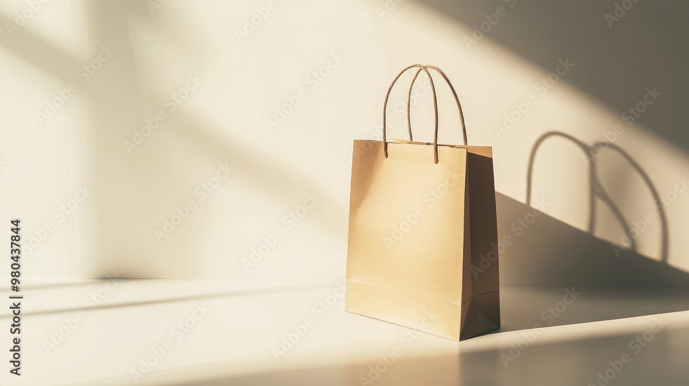 Poster minimalistic paper shopping bag with handles standing upright on a neutral surface with soft shadows
