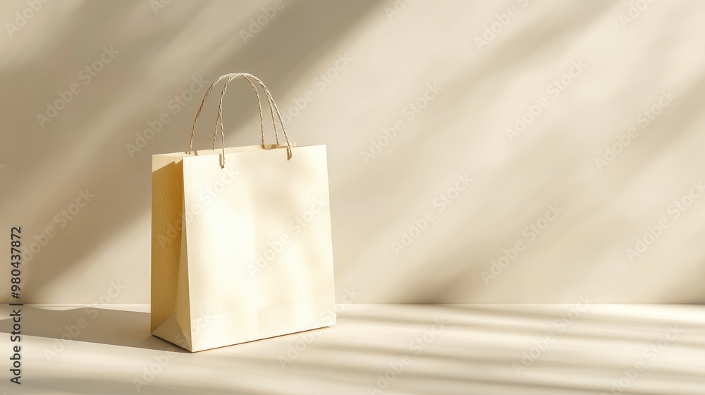 Poster minimalistic paper shopping bag with handles standing upright on a neutral surface with soft shadows