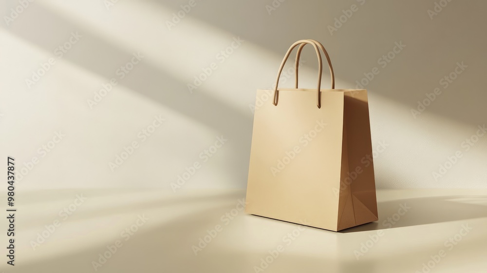 Poster minimalistic paper shopping bag with handles standing upright on a neutral surface with soft shadows
