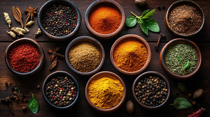 A colorful array of spices and herbs. Colorful spices, nuts, seeds, dried fruits, and herbal flowers. Seasoning spices background. Culinary traditions. Spices for cooking. Natural ingredients. Healthy