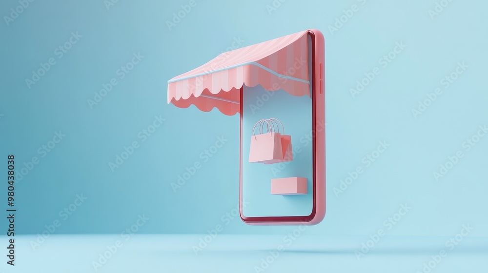 Poster online shopping interface on a floating smartphone over a soft pastel blue background. 3d render. no