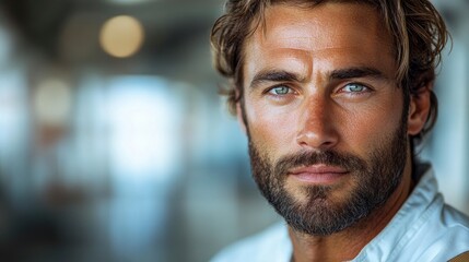 Close-up Portrait of a Handsome Man with Blue Eyes and a Beard