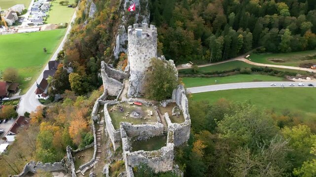 Pan drone shot of Neu-Falkenstein ruins in autumn in Balsthal in the canton of Soleure in Switzerland.