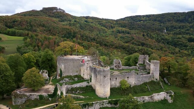 Pan drone shot of Dorneck ruins in Dornach, Switzerland in the canton of Soleure.