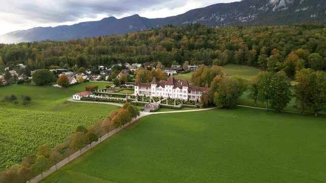 Crane drone shot of Waldegg Castle which is a castle near Solothurn, in the municipality of Feldbrunnen-St. Niklaus of the Canton of Solothurn in Switzerland.