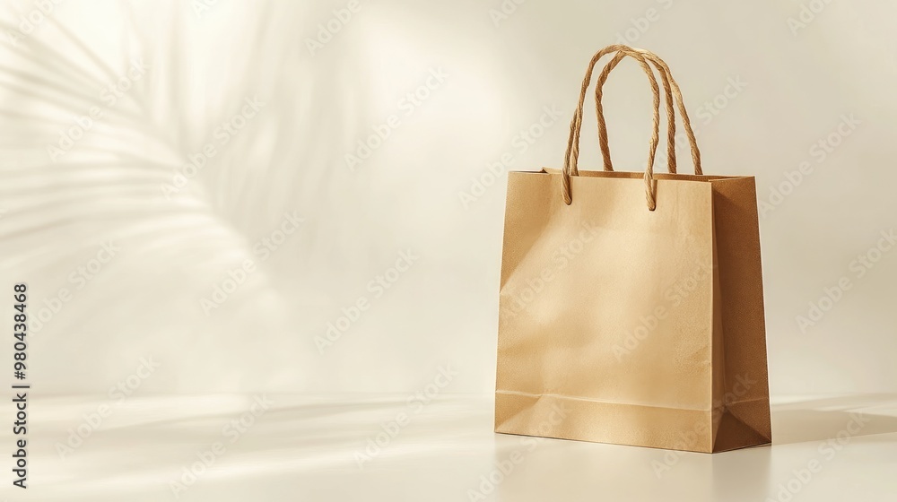 Poster simple shopping paper bag on a light background with subtle shadows, showcasing the material's textu