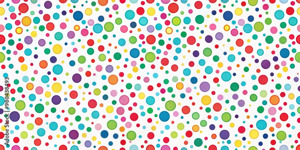 Poster vibrant abstract pattern of colorful dots in various sizes scattered randomly on a clean white backg