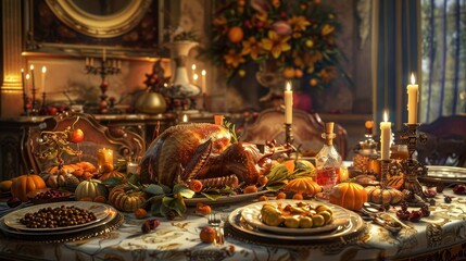 Elegant thanksgiving dining room with abundant feast, golden decor, and warm candlelight ambiance