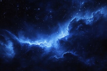 Obraz premium smoky blue clouds with a cosmic nebula illuminated against a dark sky full of stars.