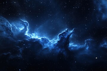 Fototapeta premium smoky blue clouds with a cosmic nebula illuminated against a dark sky full of stars.