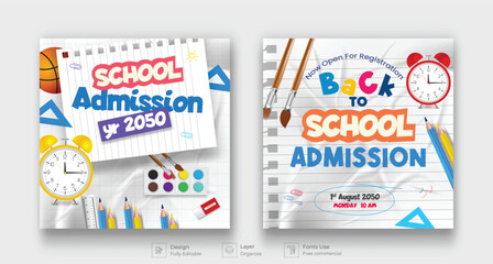 Fototapeta premium Back to School Social media Banner with Alarm Clock, Checkered Paper Colorful Pencil and Other Learning Items on Hand Drawn Doodles.
