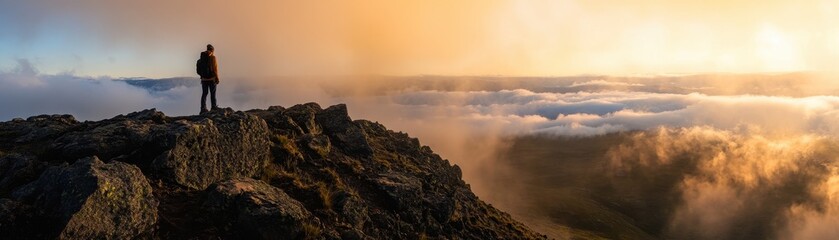 A solitary hiker stands on a rocky peak, gazing at a breathtaking sunrise over a sea of clouds, capturing a moment of adventure and tranquility.