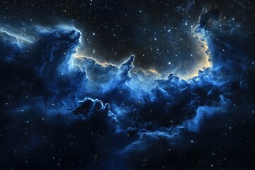 Fototapeta premium smoky blue clouds with a cosmic nebula illuminated against a dark sky full of stars.