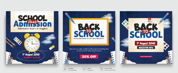 Back to school vector banner template. Welcome back to school greeting text in colorful typography with alarm clock, colorful pencil and other learning items on hand drawn doodles background. Vector i