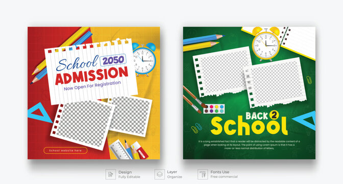 Back to school social media post template set. Back to school admission promotion banner.