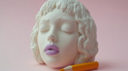 Fototapeta premium A stylized sculptural head with lavender lips rests beside an orange pencil on a pink background, showcasing artistic creativity and design