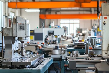 CNC Machine With Multiple Spindles Operates Simultaneously On Different Parts. The Workshop Is Busy With Various Machines In Action