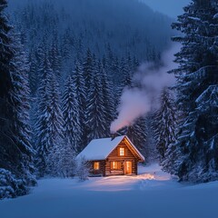 Rustic wooden cabin in a snowy forest, soft glow from inside, smoke rising from the chimney, and pine trees covered in snow, winter wonderland