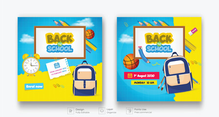 Back to school social media post template set. checkered paper learning elements icons for educational background. vector illustration back to school banner