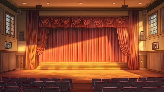 Illustration of a 2D background featuring a school assembly hall with a stage, curtains, and seating, hyper-real, high quality, sharp images