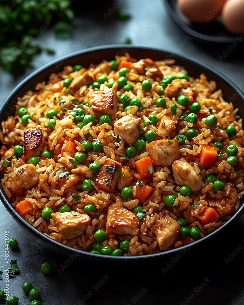 Wall mural A close-up view of a bowl of chicken fried rice with peas and carrots.