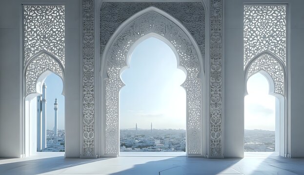 Intricate white arches and ornate details frame a panoramic cityscape view, capturing the essence of Islamic architecture.