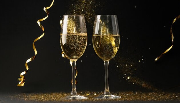 Two champagne glasses with golden sparkles over black background 