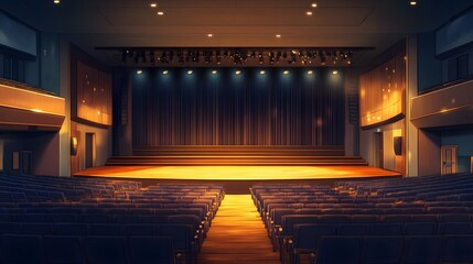Illustration of a 2D background showing a school auditorium with rows of seats, a large stage, and dimmed lighting, hyper-real, high quality, sharp images
