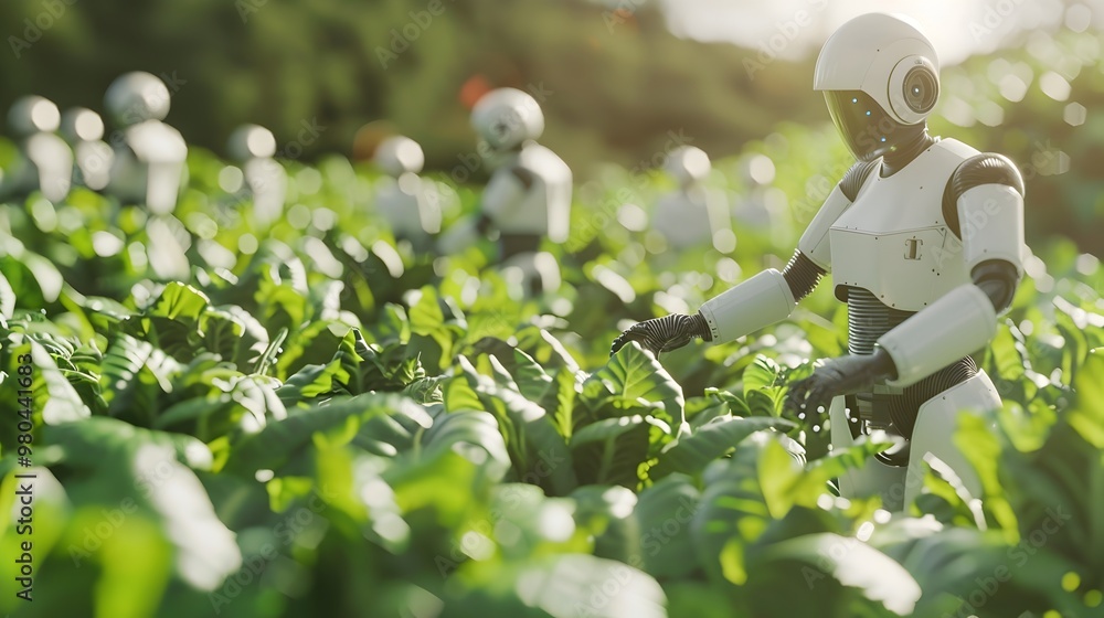 Poster robotic farm workers tending to a field of vegetables ensuring optimal growth and minimal human inte