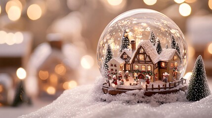 A picturesque image of a snow globe featuring a snowy Christmas village with miniature houses, twinkling lights, and festive holiday figures enjoying the season