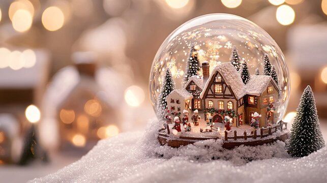 A picturesque image of a snow globe featuring a snowy Christmas village with miniature houses, twinkling lights, and festive holiday figures enjoying the season