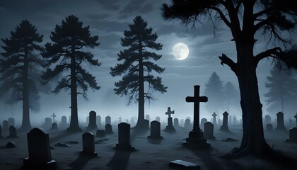 A deserted graveyard bathed in soft moonlight, creating a hauntingly serene atmosphere filled with shadows and silhouettes.