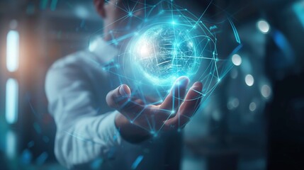 Businessman Holding Glowing Productivity Icon on Virtual Screen, Representing Efficiency and Lean Management Concepts