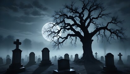 A deserted graveyard bathed in soft moonlight, creating a hauntingly serene atmosphere filled with shadows and silhouettes.