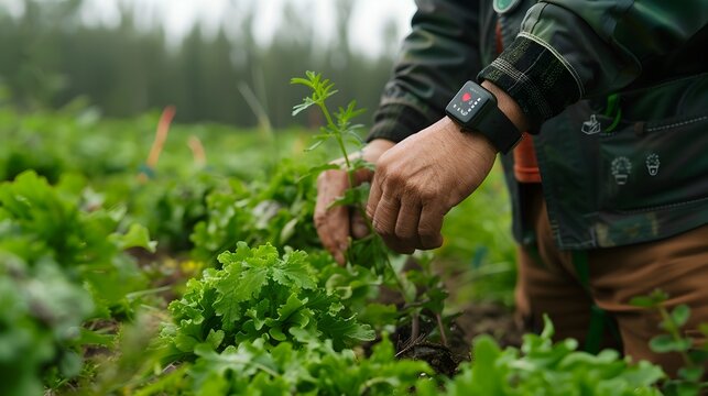 Farmer Using Smartwatch for Real Time Crop Health Monitoring and Farm Management