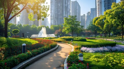 Obraz premium Lush Urban Park Oasis Nestled Between Towering Skyscrapers in a Modern City Landscape