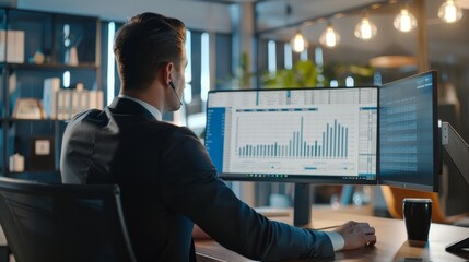 Businessman analyzing data on office computer in modern workspace with sleek desk environment