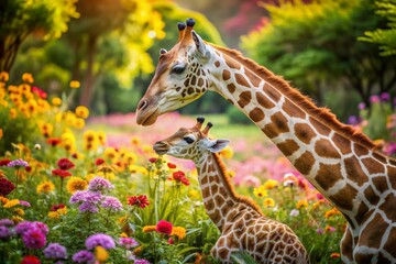 Fototapeta premium Adorable giraffe mother and baby duo sit together in a vibrant floral garden, sharing a tender moment amidst lush greenery and colorful blooming flowers.