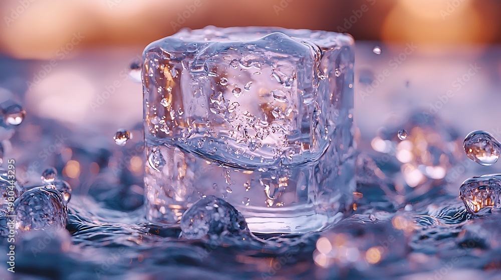 Poster close-up of a clear ice cube with water droplets on a wet surface.
